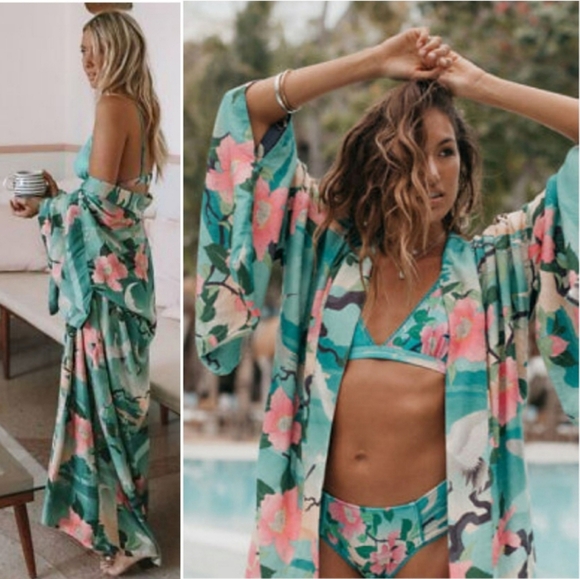 New Spell Designs Nightingale Reversible Kimono Robe Teal Black S/M Duster Lily - Picture 10 of 16